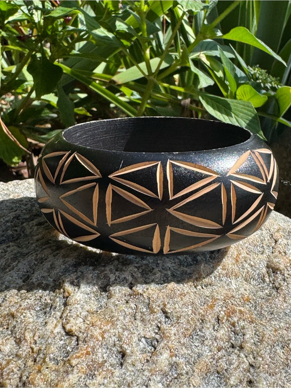 Black and Natural Geometric Carved Wooden Bangle